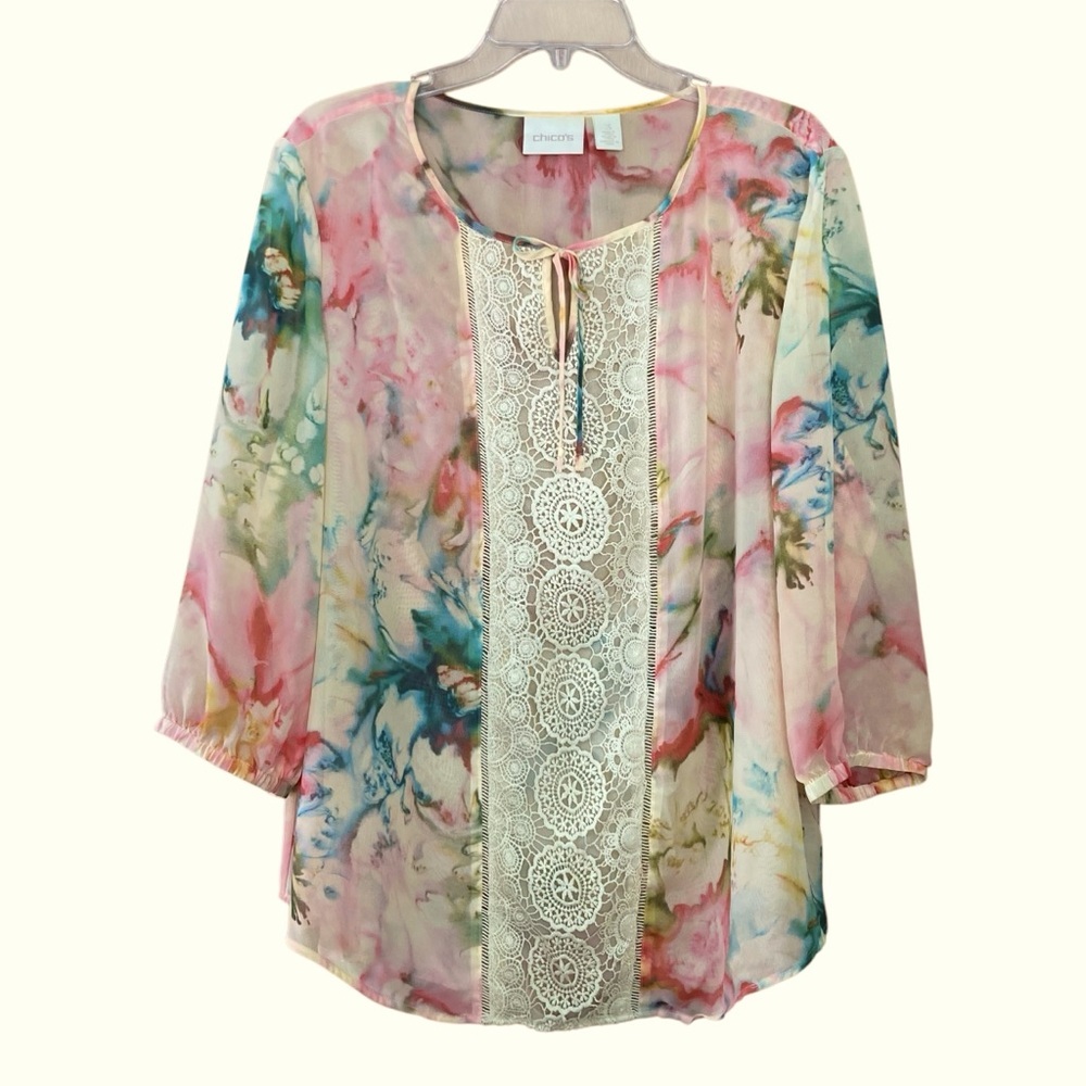 Chico's Diffused Floral Multicolor Lynelle Sheer Top with Lace (Plus Size‎ 3 XL)